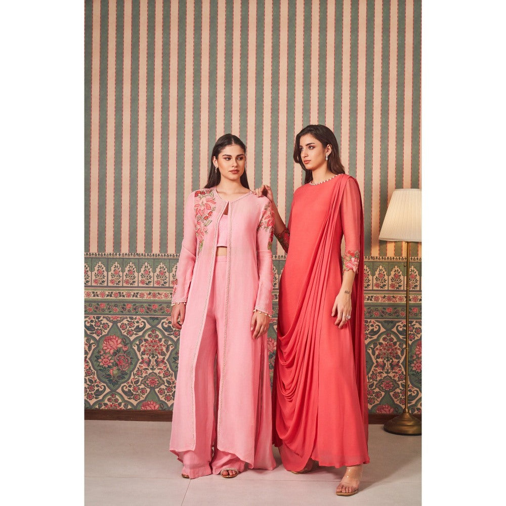 SAMMOHI BY MOKSHA & HIRAL Pink Hand Embellishments Bralette with Jacket and Palazzo (Set of 3)