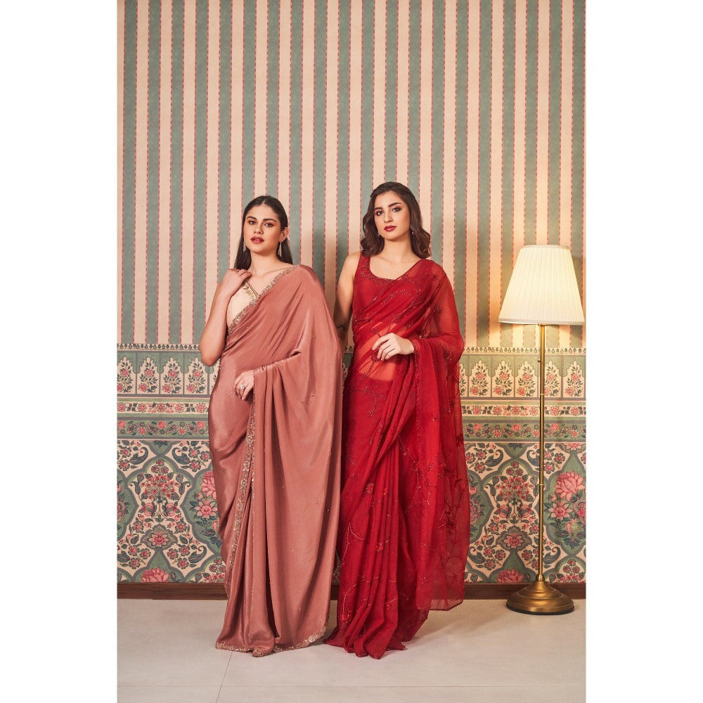 SAMMOHI BY MOKSHA & HIRAL Brown Border Hand Embellished Saree with Stitched Blouse
