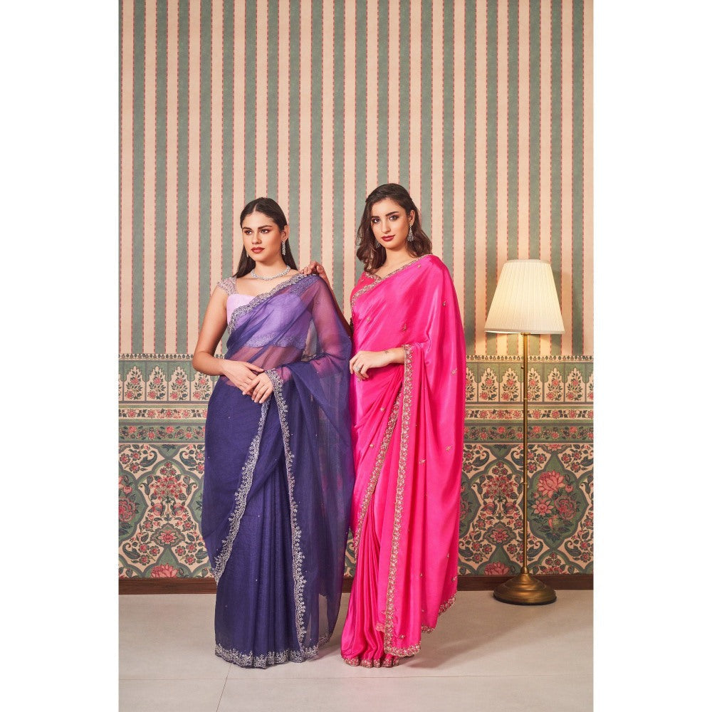 SAMMOHI BY MOKSHA & HIRAL Blue Hand Embroidery Saree with Stitched Blouse