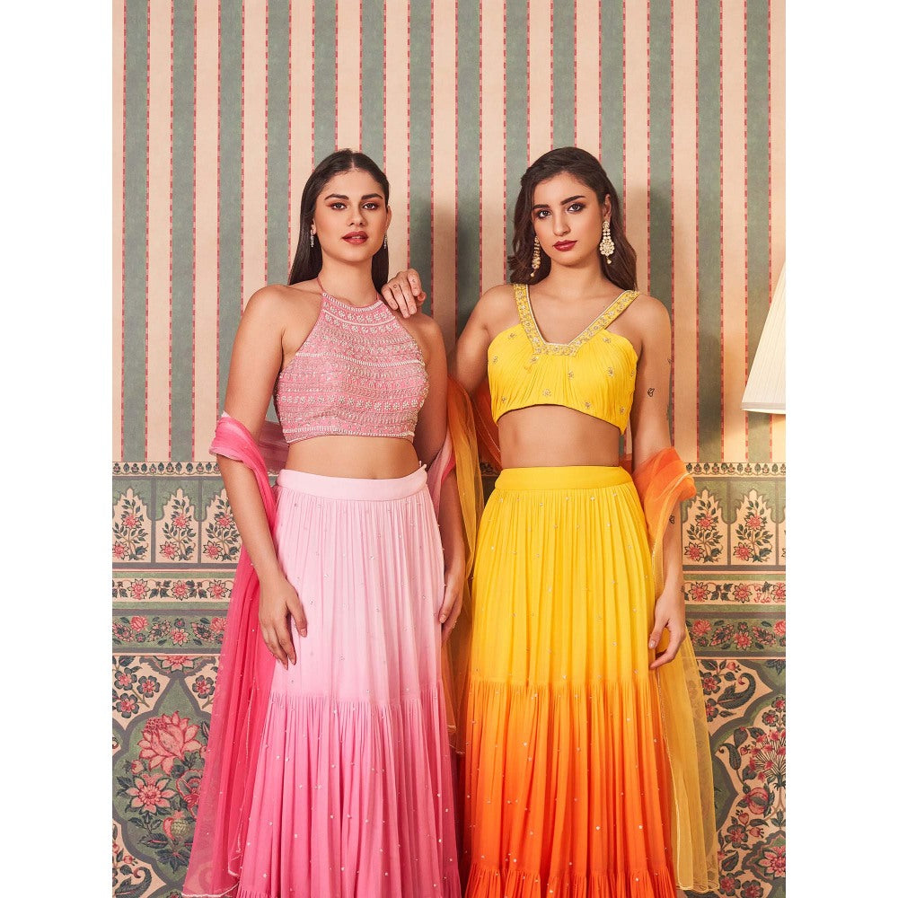 SAMMOHI BY MOKSHA & HIRAL Yellow Gathered Lehenga with Blouse and Dupatta (Set of 3)