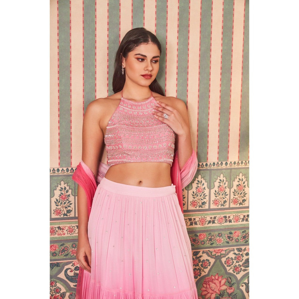 SAMMOHI BY MOKSHA & HIRAL Pink Shaded Lehenga with Halter Neck Blouse and Dupatta (Set of 3)