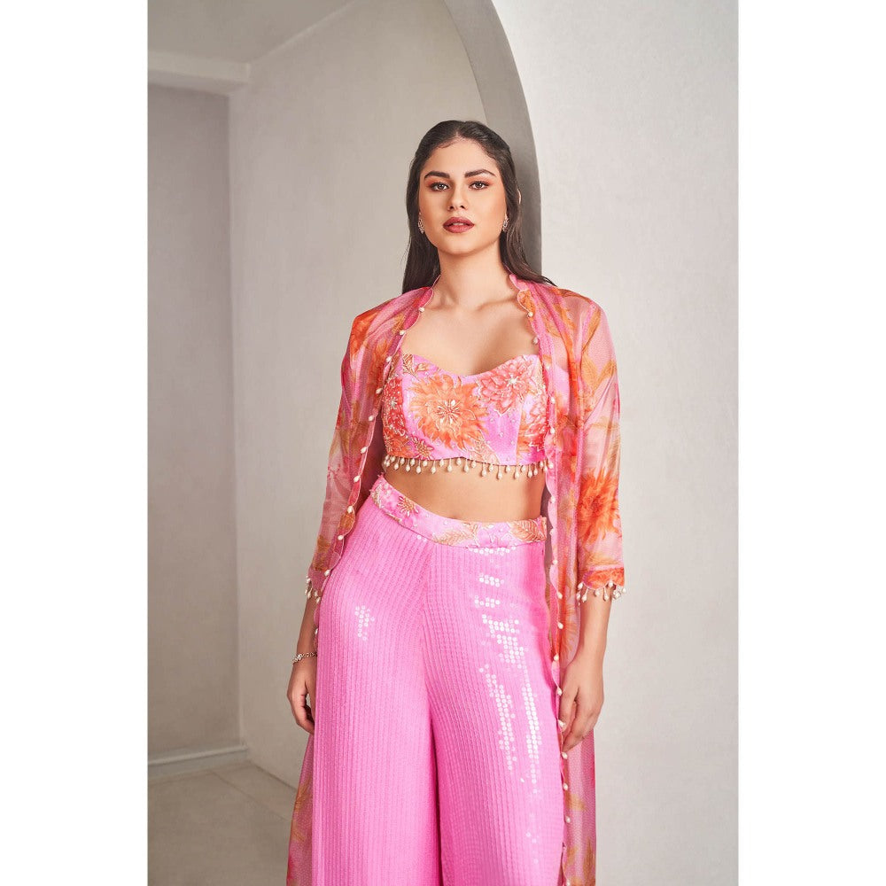 SAMMOHI BY MOKSHA & HIRAL Pink Jacket with Blouse and Palazzo (Set of 3)