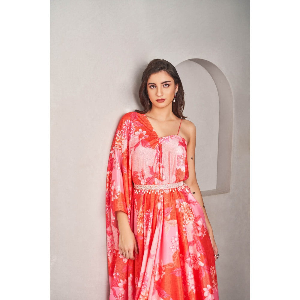 SAMMOHI BY MOKSHA & HIRAL Coral Floral Printed Draped Dress with Belt (Set of 2)