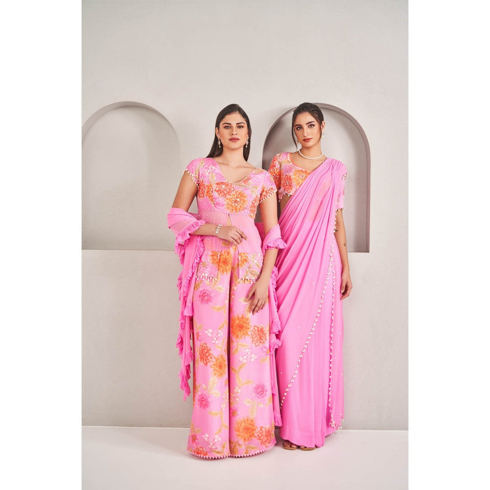 SAMMOHI BY MOKSHA & HIRAL Pink Pre- Stitched Blouse Saree with Stitched Blouse