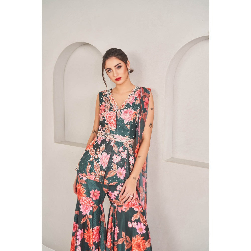 SAMMOHI BY MOKSHA & HIRAL Green Printed Sharara with Drape Attached Kurta and Belt (Set of 3)
