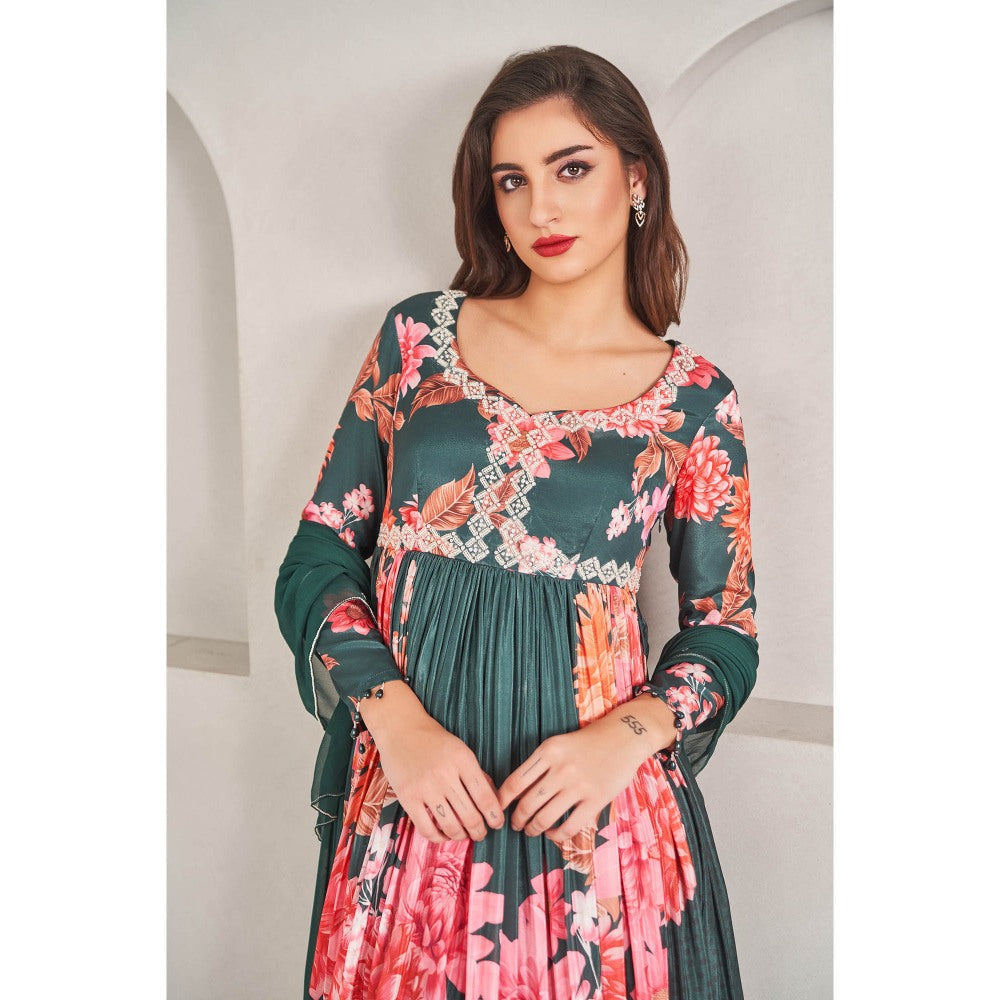 SAMMOHI BY MOKSHA & HIRAL Emerald Green Floral Printed Anarkali Dress with Dupatta (Set of 2)