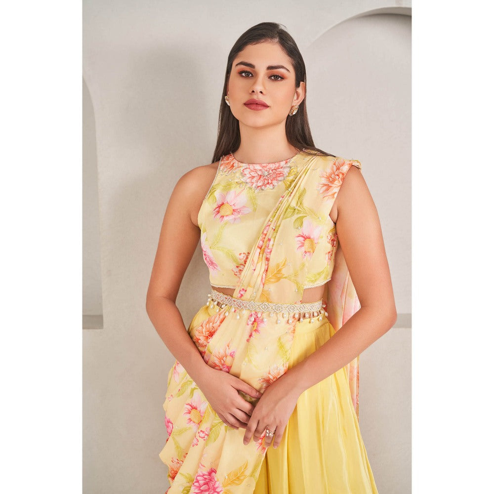 SAMMOHI BY MOKSHA & HIRAL Sunshine Yellow Draped Dhoti with Blouse and Belt (Set of 3)