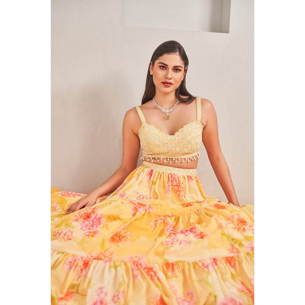 SAMMOHI BY MOKSHA & HIRAL Sunshine Yellow Tiered Skirt with Blouse and Dupatta (Set of 3)