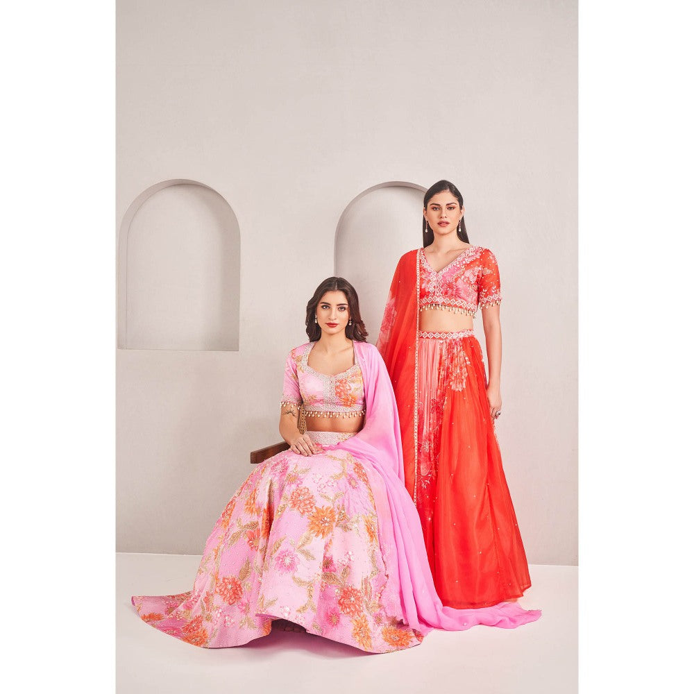 SAMMOHI BY MOKSHA & HIRAL Pink Floral Printed Lehenga with Blouse and Dupatta (Set of 3)
