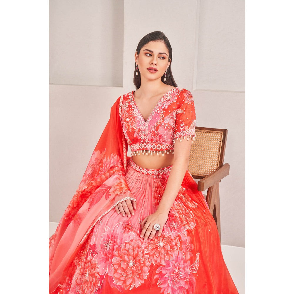 SAMMOHI BY MOKSHA & HIRAL Coral Organza Lehenga with Blouse and Dupatta (Set of 3)