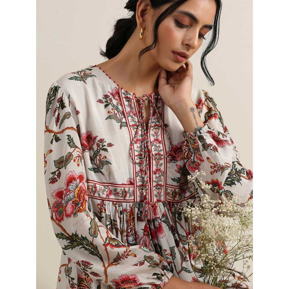 Samvrih Off White Floral Print Midi Dress