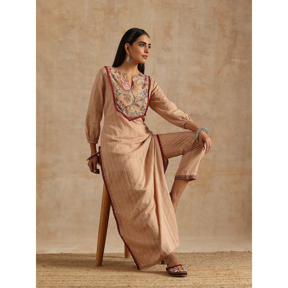 Samvrih Beige Badami Jaal Print Yoke Kurta with Pant (Set of 2)