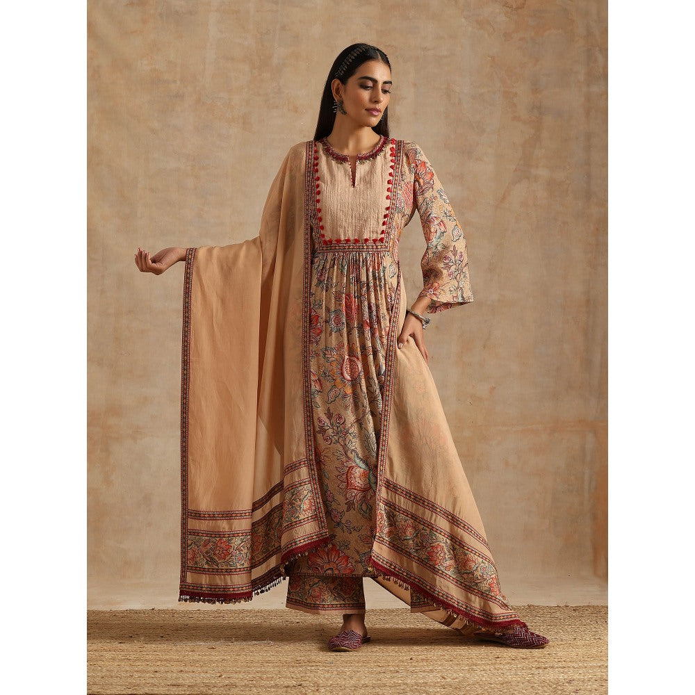 Samvrih Beige Badami Jaal Print Ghera Kurta with Palazzo and Dupatta (Set of 3)