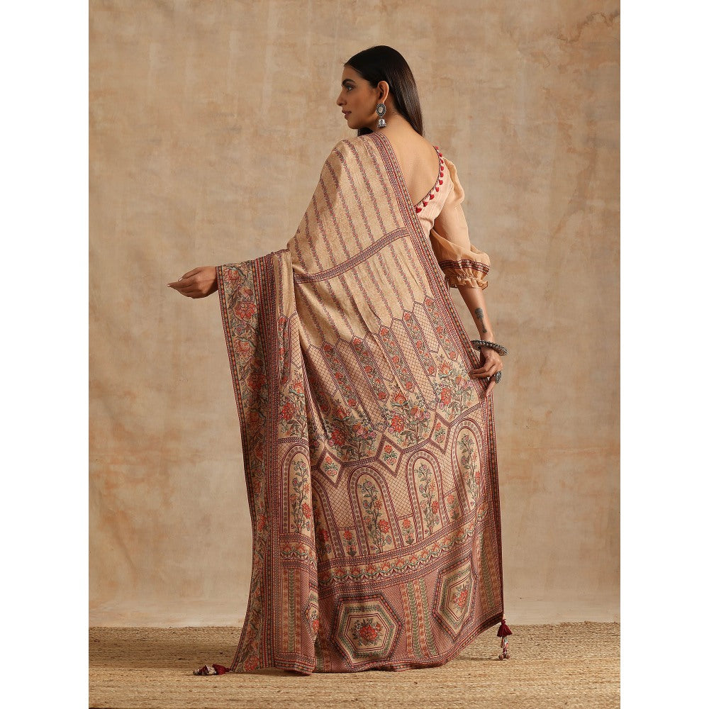 Samvrih Beige Badami Print Saree with Stitched Blouse