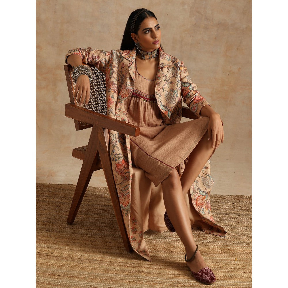Samvrih Beige Badami Jaal Print Jacket with Dress (Set of 2)