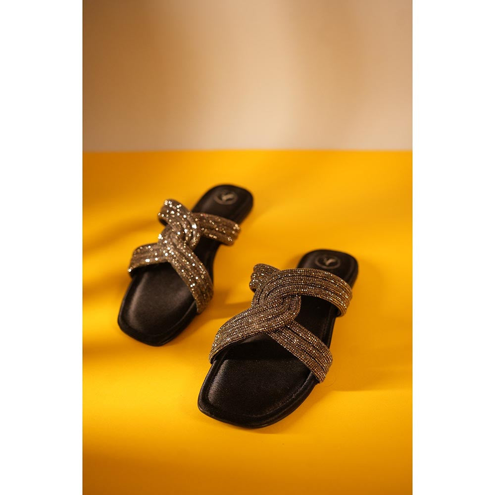 Sana K Luxurious Footwear Black String Black Base Flats