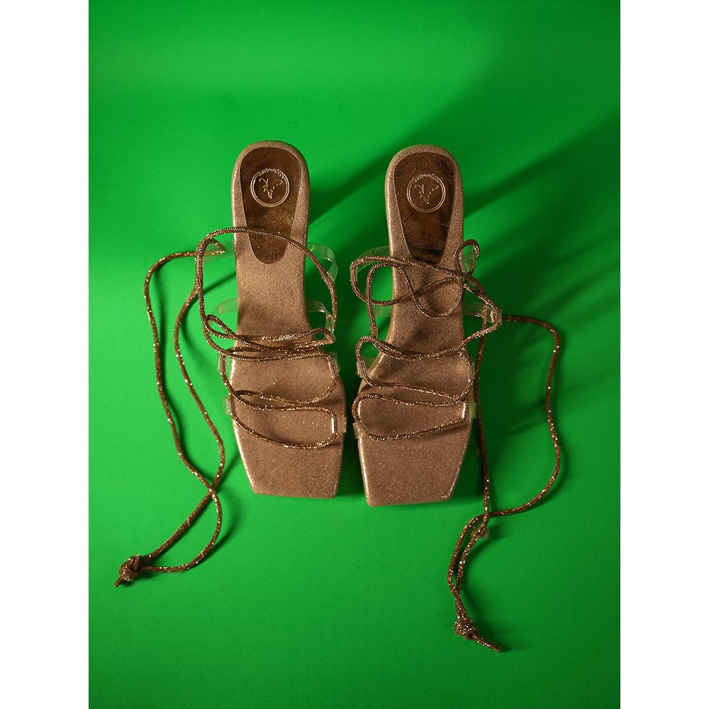 Sana K Luxurious Footwear Champagne Gold Stringy Shoe Lace Elevated Heel Sandals