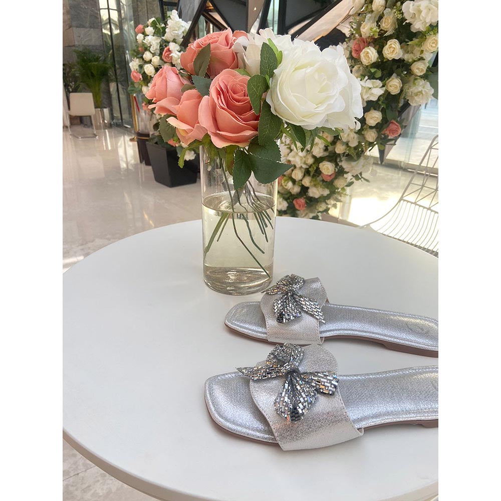 Sana K Luxurious Footwear Silver Bow Sliders Flat Sandals