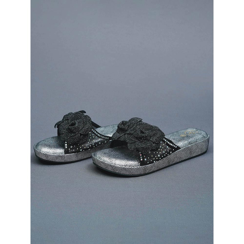 Sana K Luxurious Footwear Black Rose Silver Wedge Leather Heels