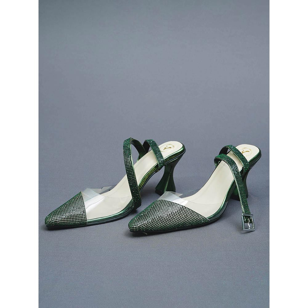 Sana K Luxurious Footwear Faux Leather Green Sleek Cheek Mules Heels