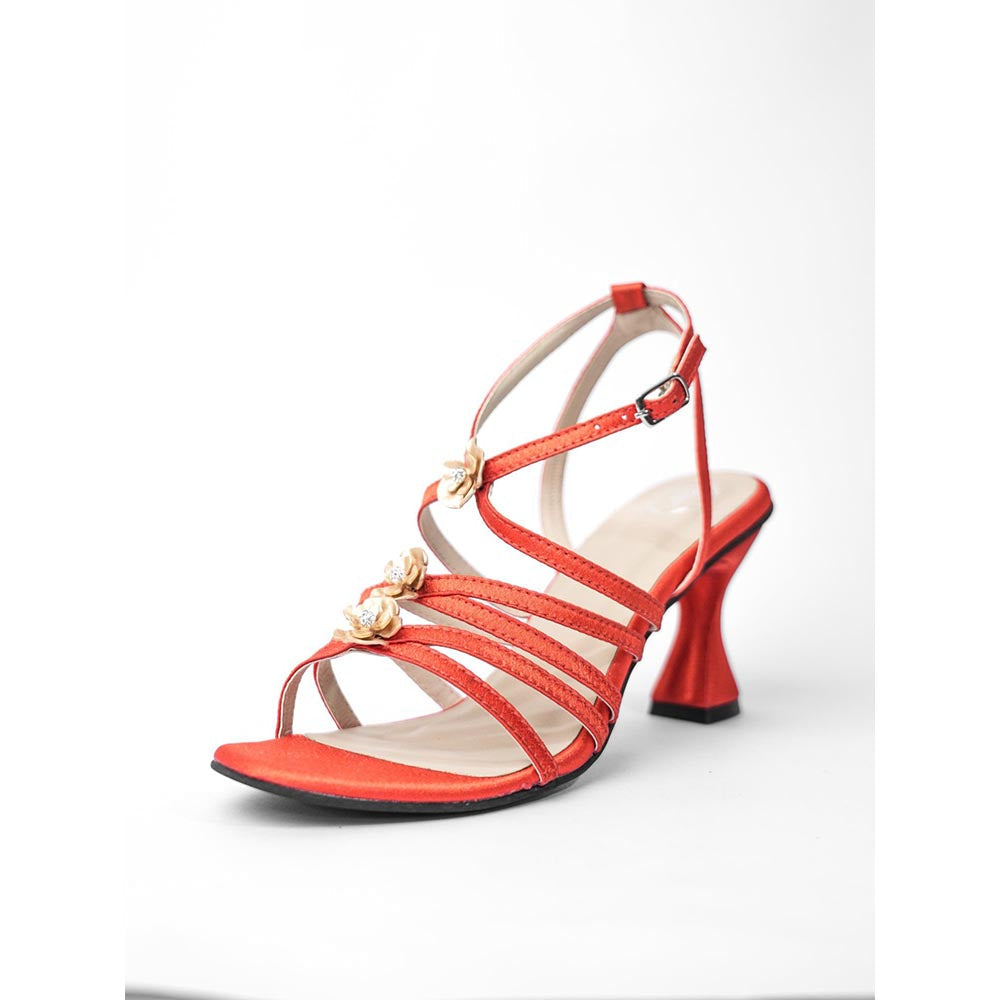 Sana K Luxurious Footwear Orange Round Toe Narrow Fit Burnt Flower Sandal Heels