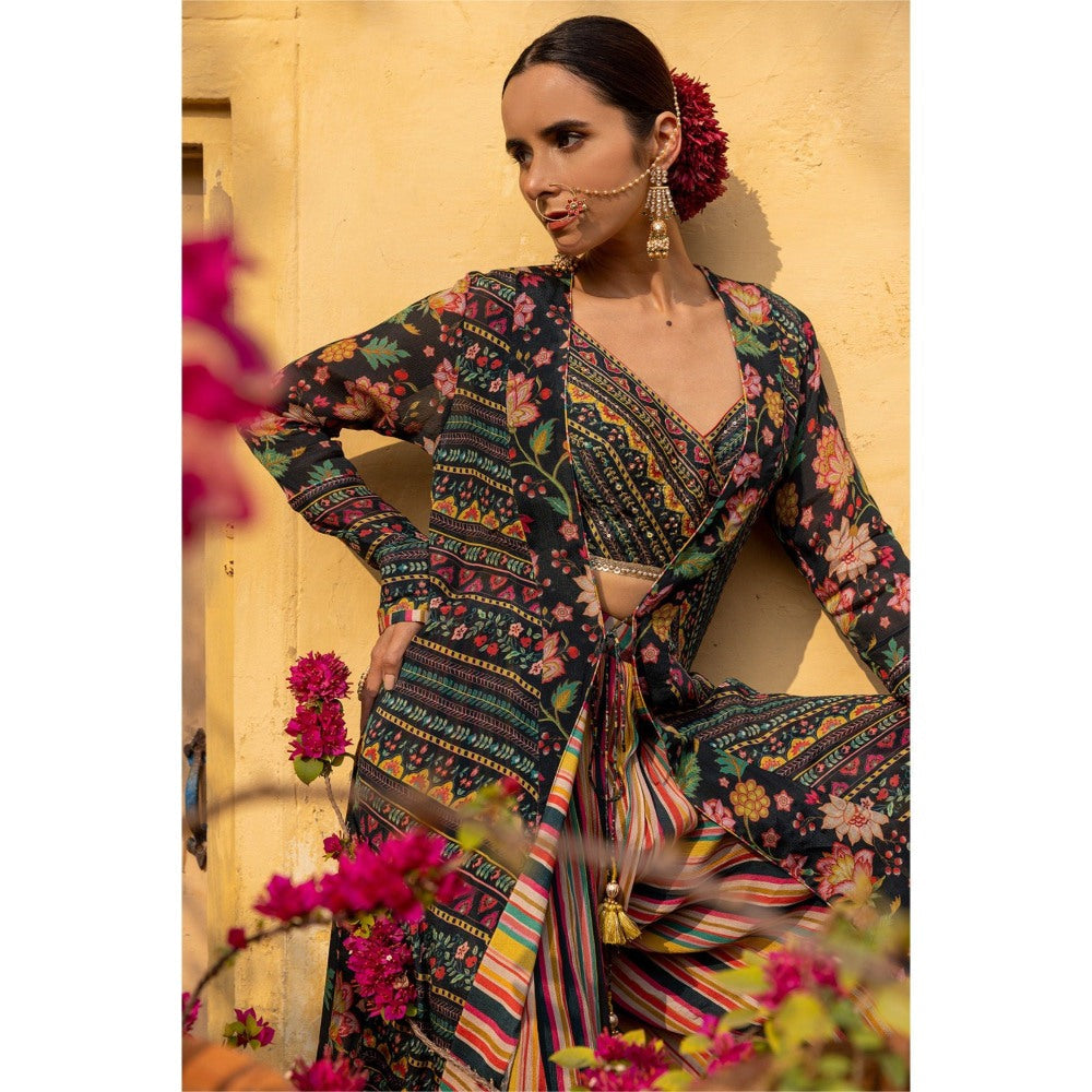 Sandhya Shah Grey Lehar Blouse with Long Jacket and Palazzo (Set of 3)