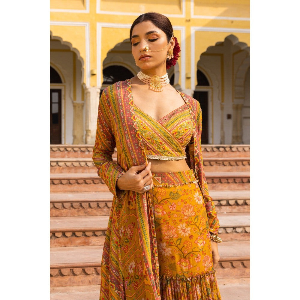 Sandhya Shah Mustard Meher Hand Embroidered Blouse with Jacket and Sharara (Set of 3)