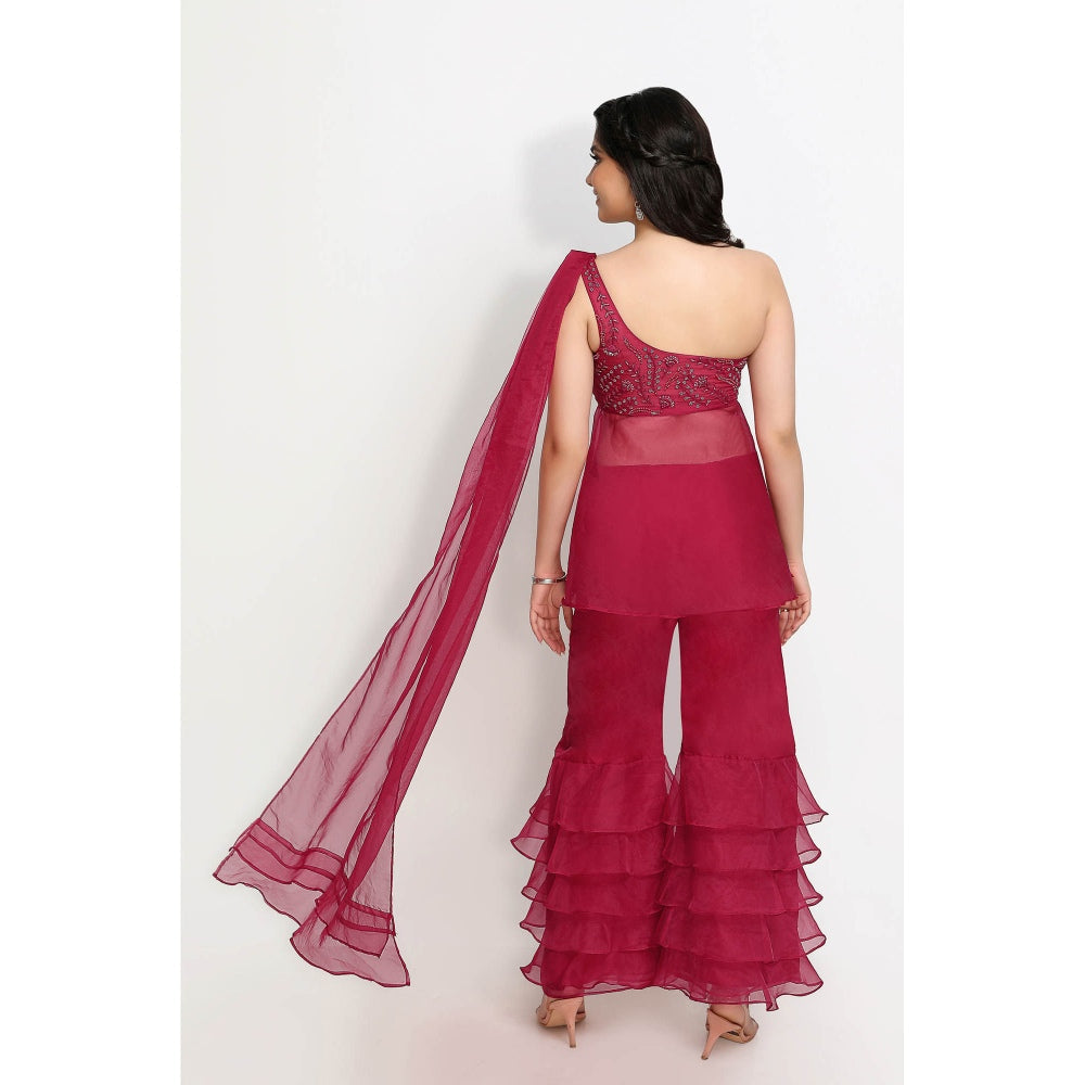 Sanjana Thakur Wine Attached Draped Tunic with Sharara (Set of 2)