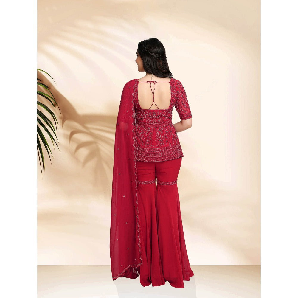 Sanjana Thakur Red Sharara with Short Kurta with Dupatta (Set of 3)
