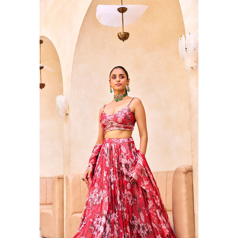 SANYA GULATI Pink Floral Print Stitched Blouse & Lehenga with Dupatta (Set of 3)