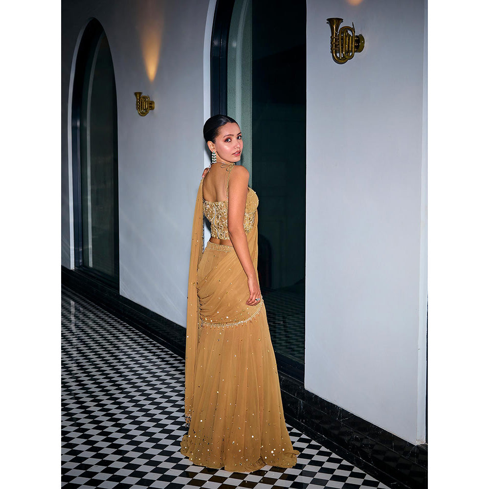 SANYA GULATI Gold Sequins Tiered Saree & Corset Stitched Blouse