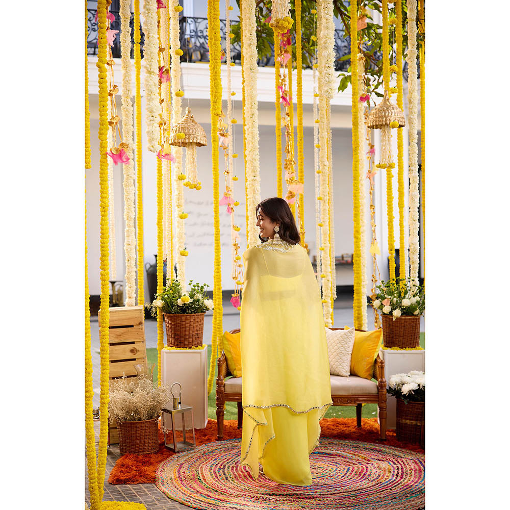 SANYA GULATI Sunshine Yellow Drape Stitched Blouse & Skirt with Cape (Set of 3)
