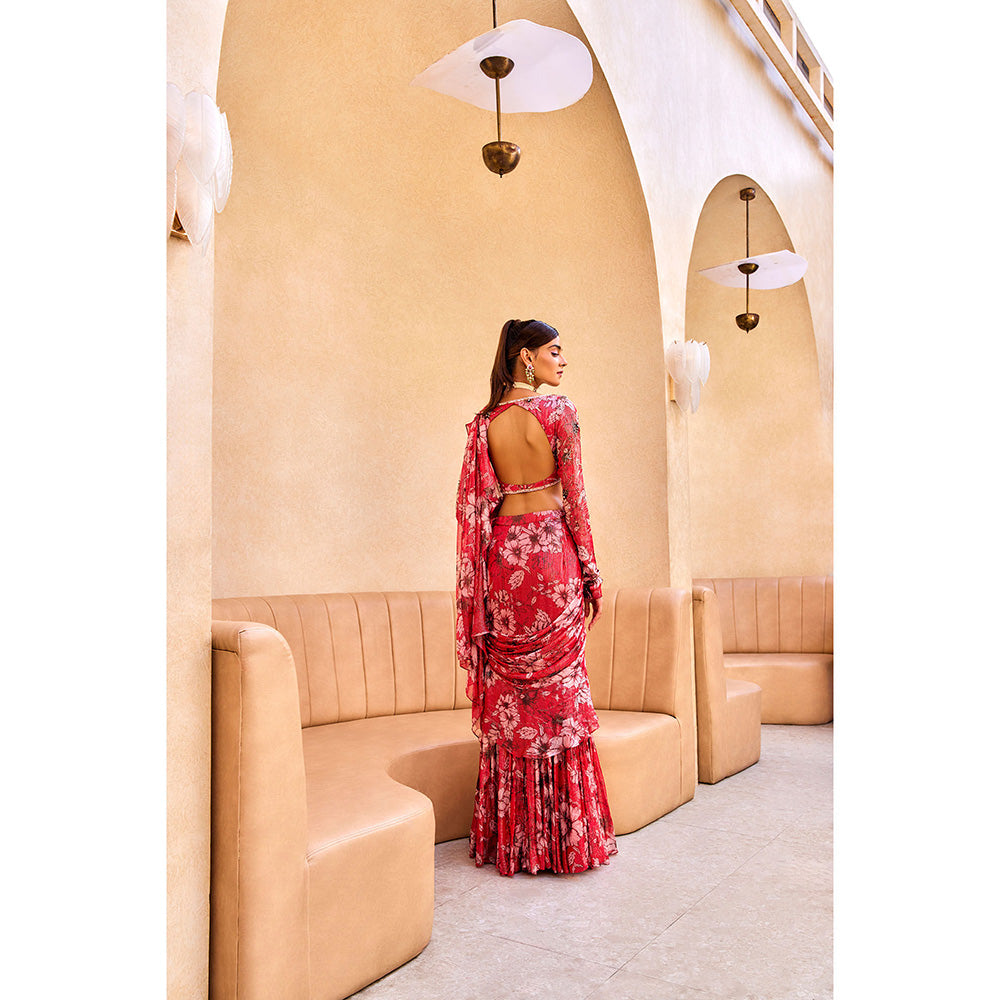 SANYA GULATI Pink Floral Print Ruffle Saree with Stitched Blouse