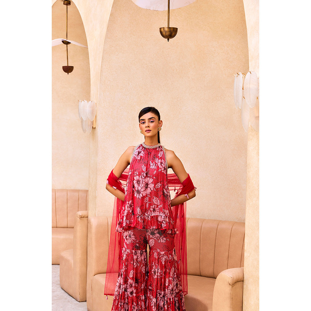 SANYA GULATI Pink Print Ruffle Tunic & Sharara with Dupatta (Set of 3)