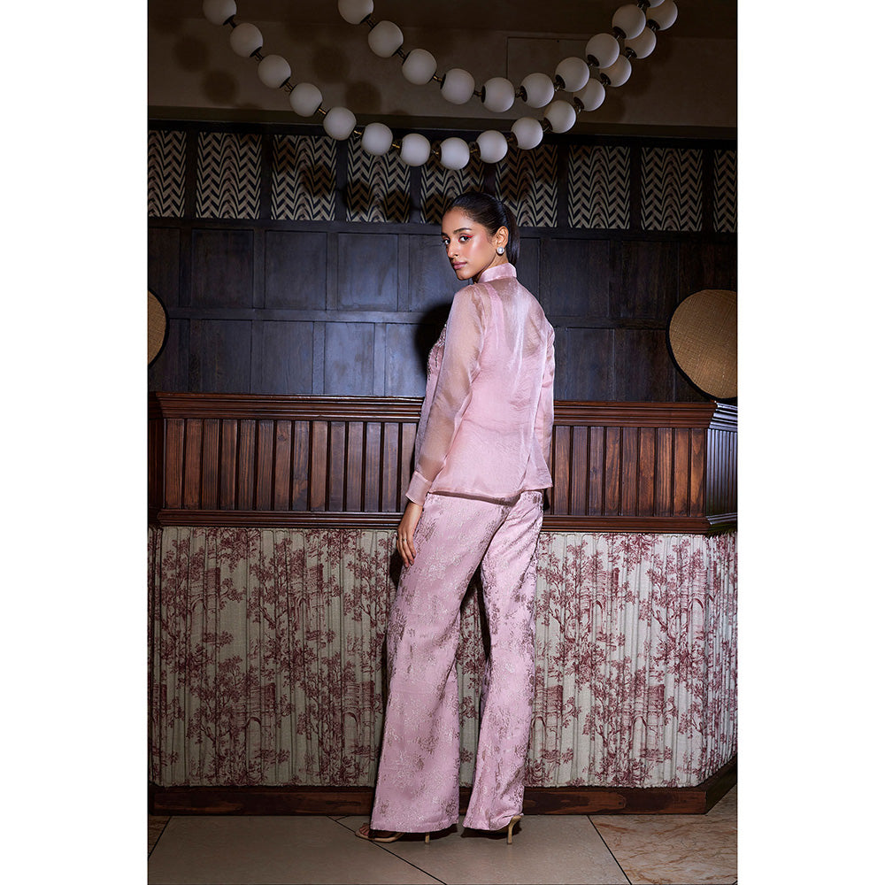 SANYA GULATI Pink Organza Shirt with Jacquard Pants (Set of 2)