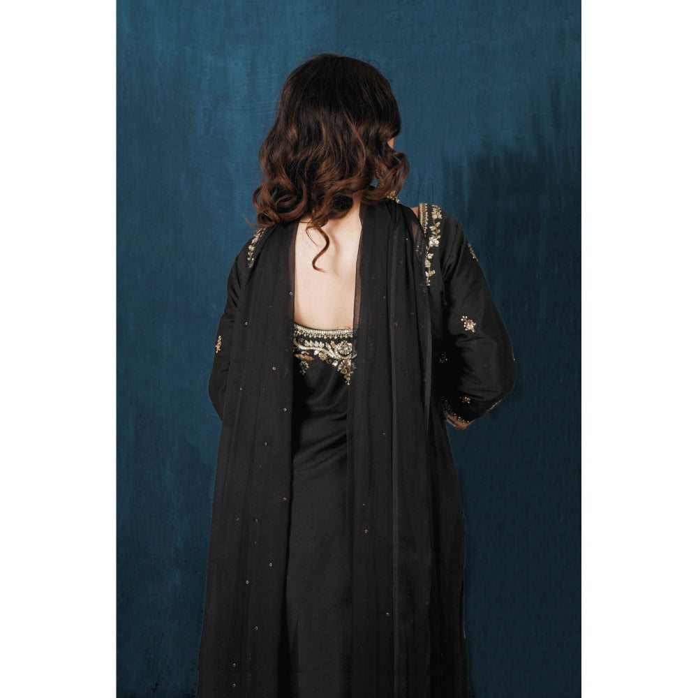 SAUBHAGYA Black Upada Silk Kurta with Pant and Dupatta (Set of 3)