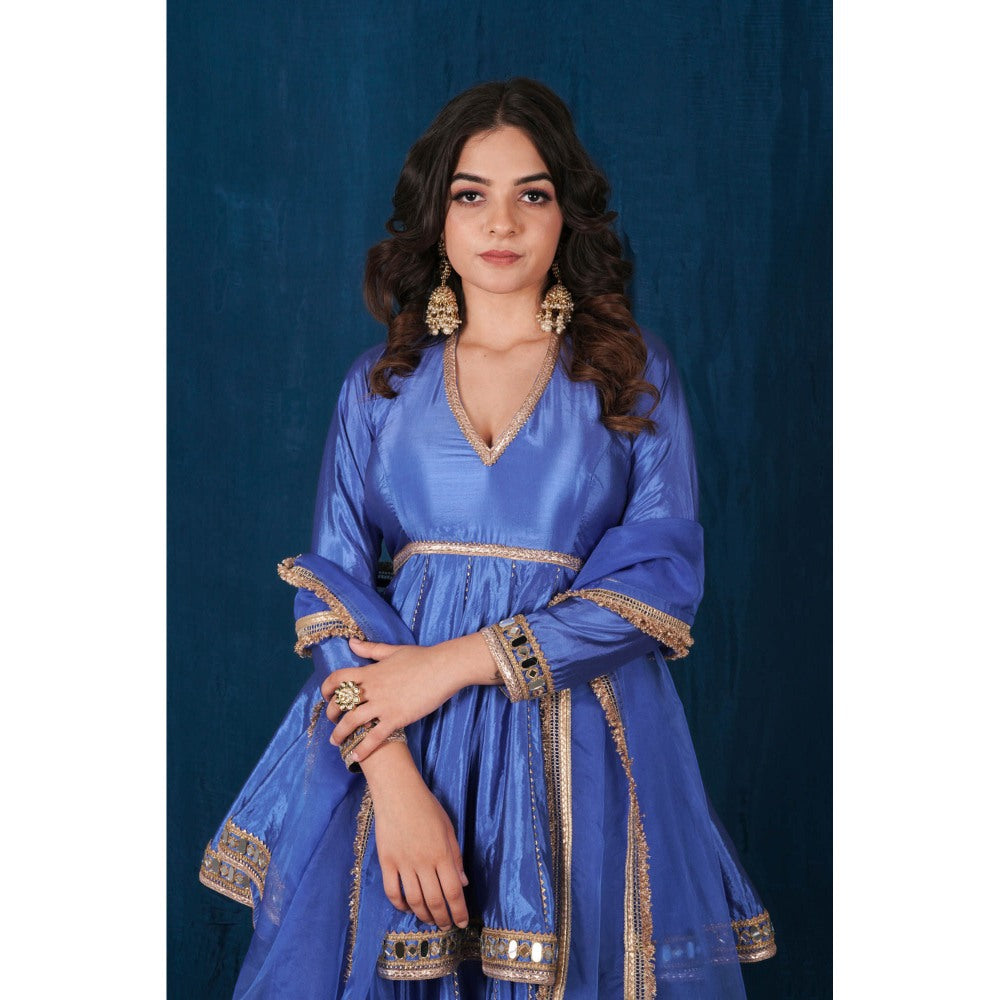 SAUBHAGYA Blue Silk Mirror Work Peplum Kurta and Lehenga with Dupatta (Set of 3)