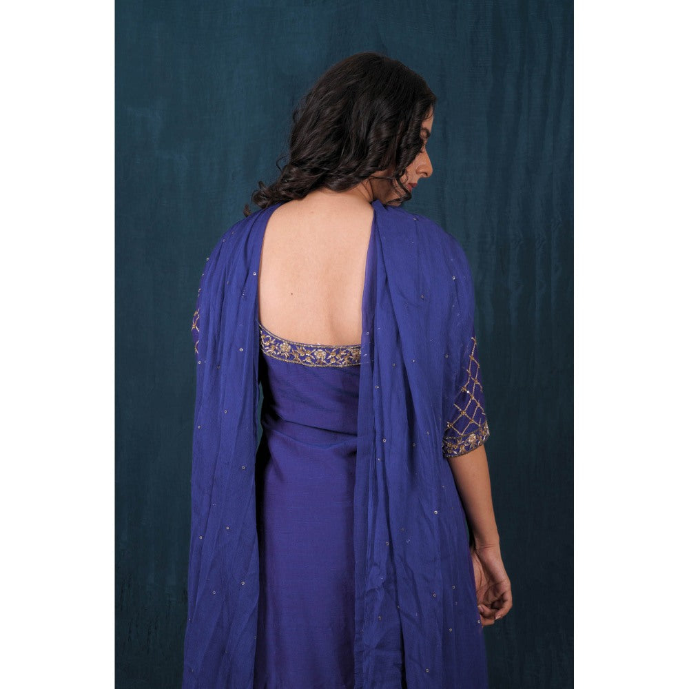 SAUBHAGYA Electric Blue Silk Kurta with Palazzo and Dupatta (Set of 3)