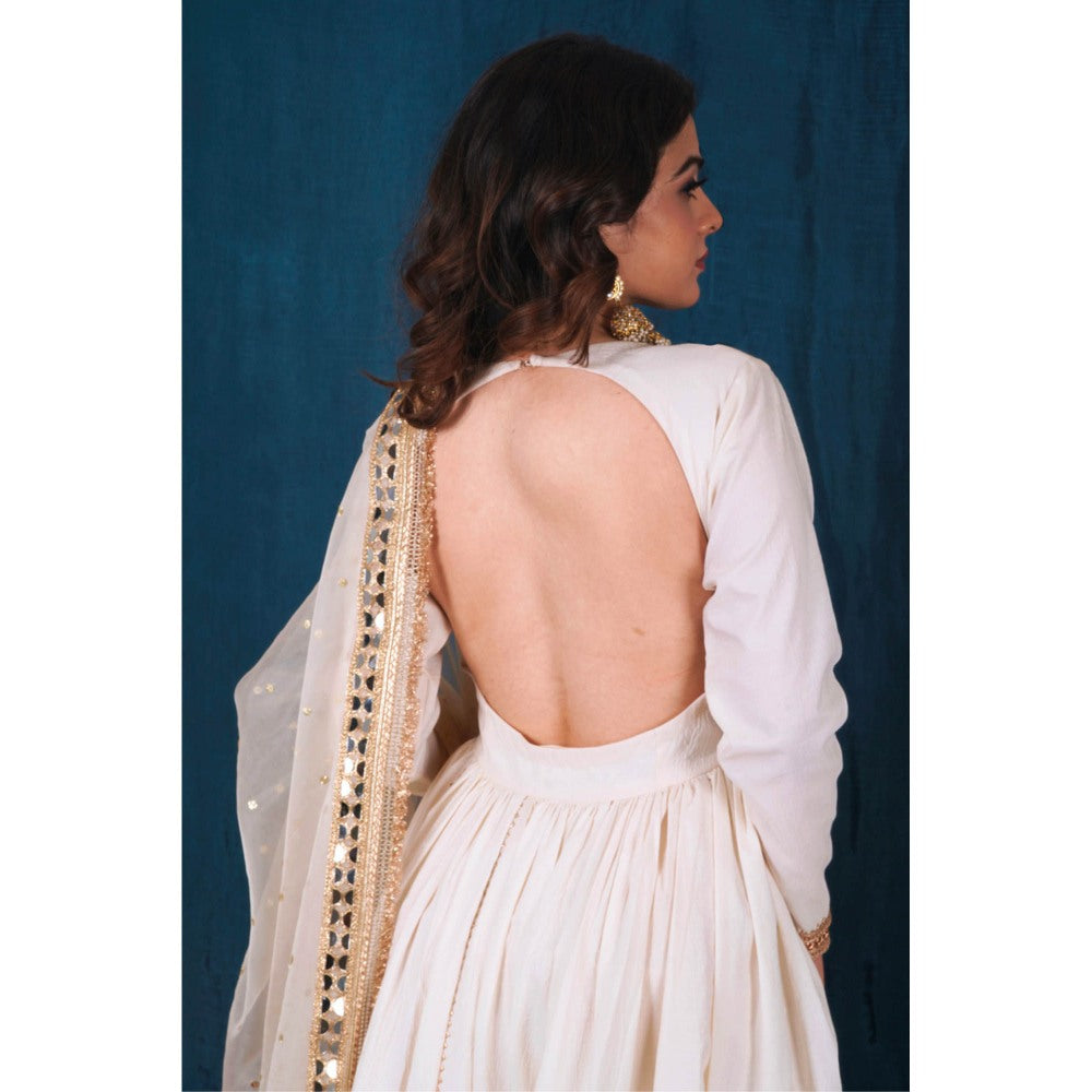 SAUBHAGYA Off-White and Gold Upada Silk Anarkali with Heavy Dupatta (Set of 2)