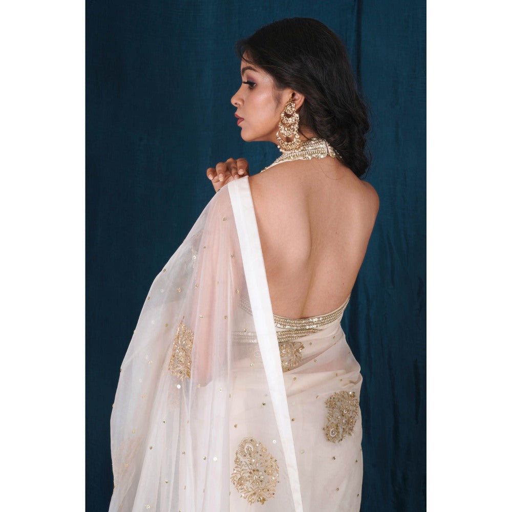 SAUBHAGYA Off-White Organza Pre-Draped Saree with Stitched Blouse