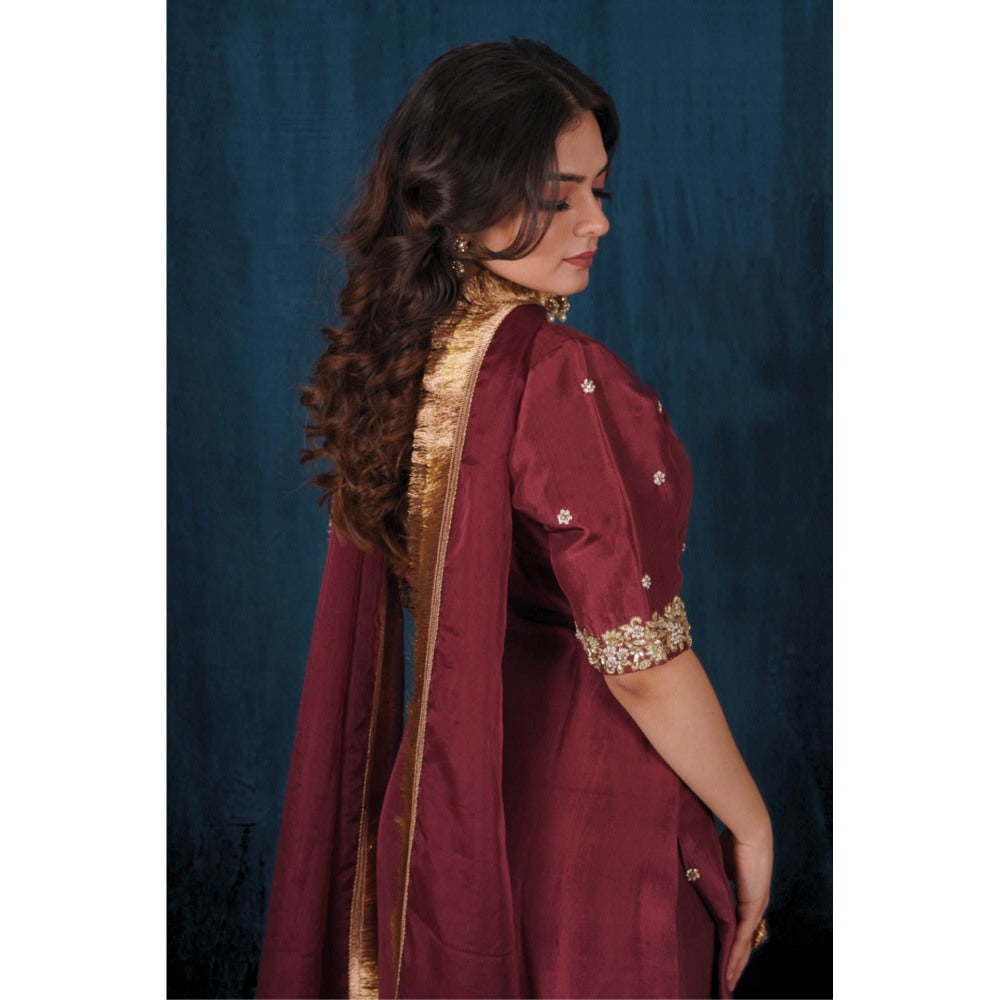 SAUBHAGYA Maroon Upada Kurta with Pant and Dupatta (Set of 3)