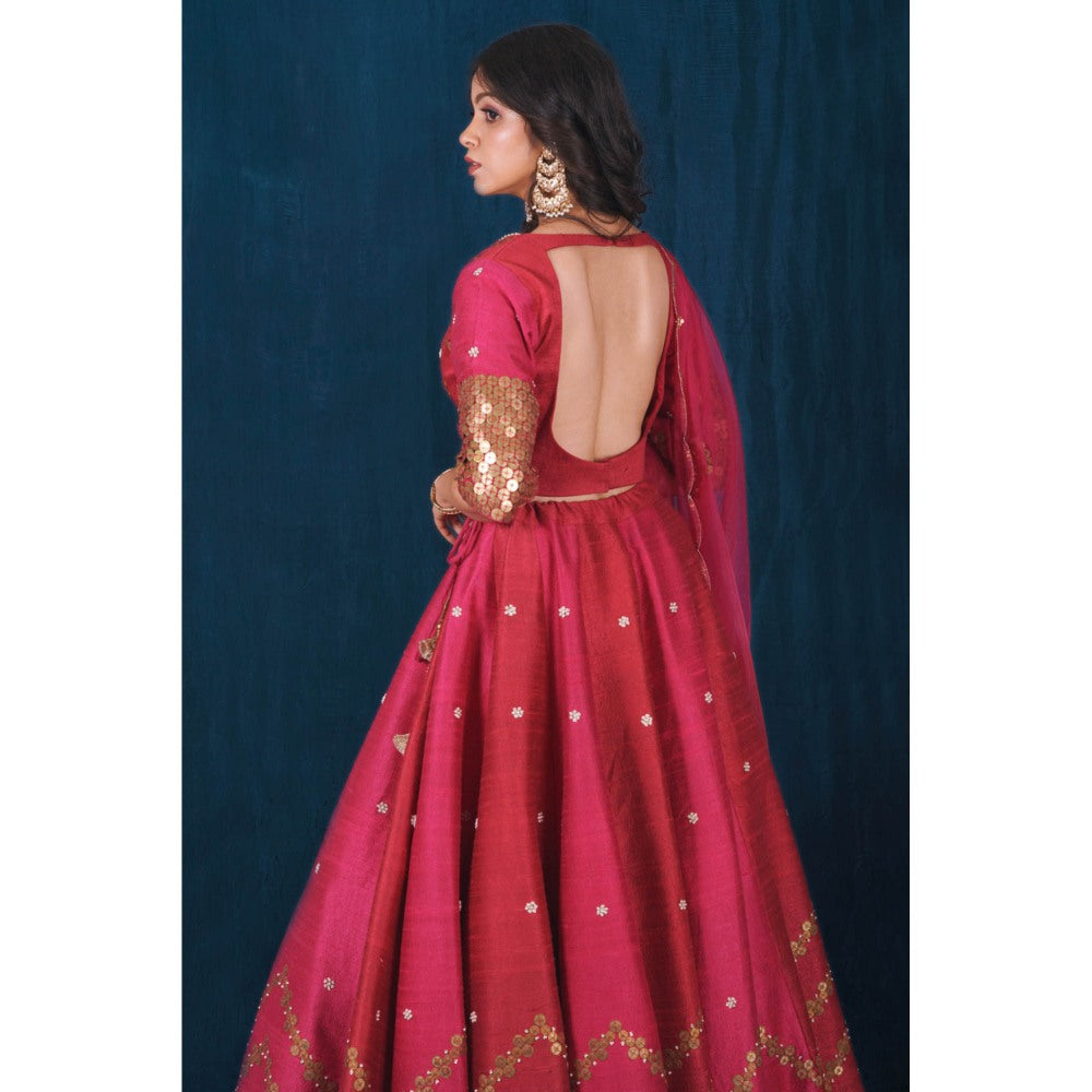 SAUBHAGYA Raw Silk Pink Embellished Blouse with Lehenga and Dupatta (Set of 3)