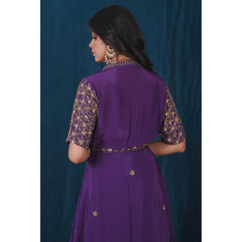 SAUBHAGYA Purple Crepe Embellished Jacket with Inner and Skirt Belt (Set of 4)