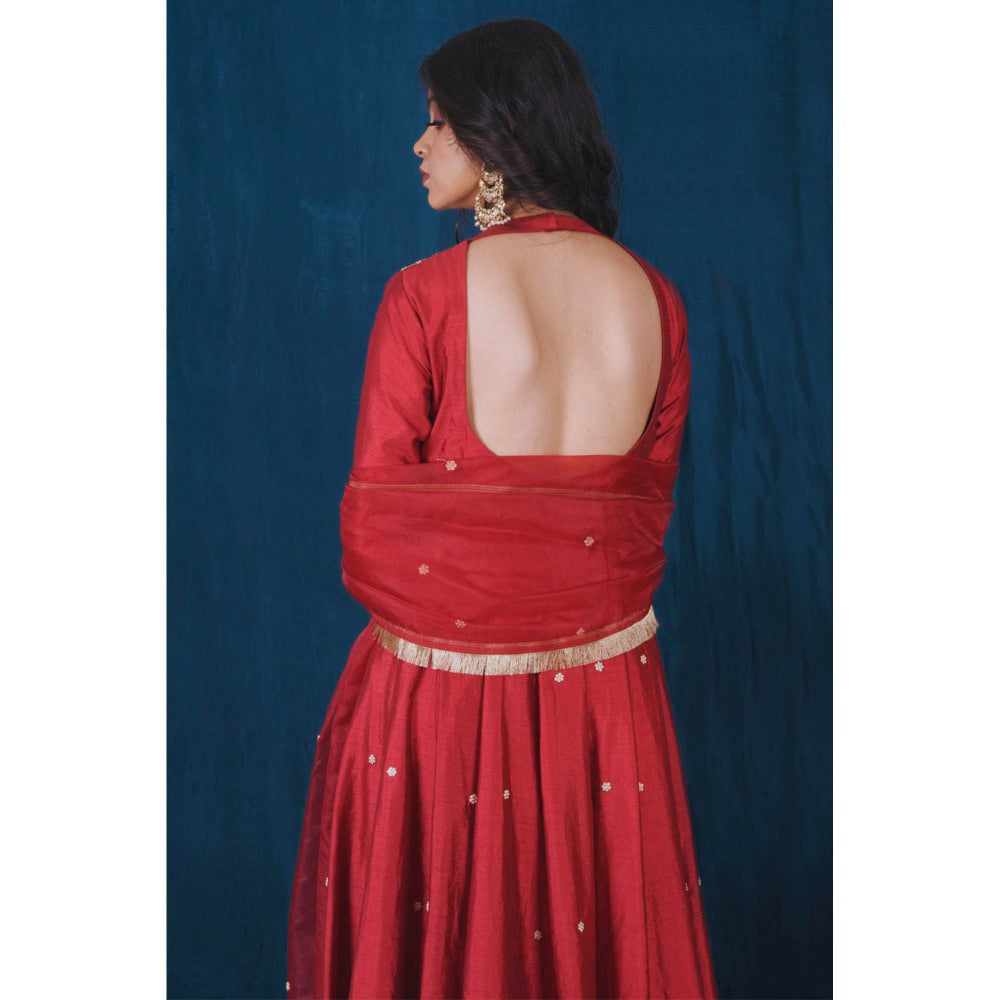 SAUBHAGYA Red Embroidered Anarkali and Dupatta (Set of 2)