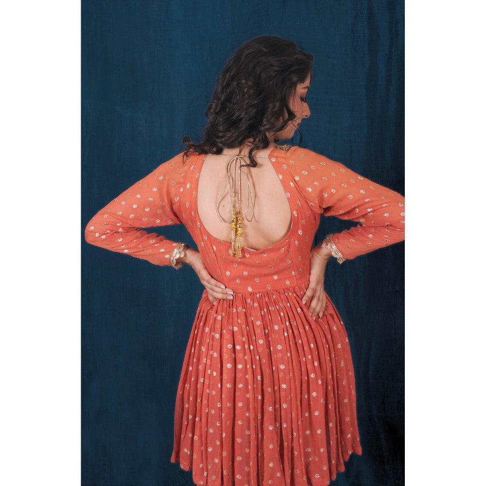 SAUBHAGYA Rust Banarasi Georgette Peplum Kurta with Sharara and Dupatta (Set of 3)