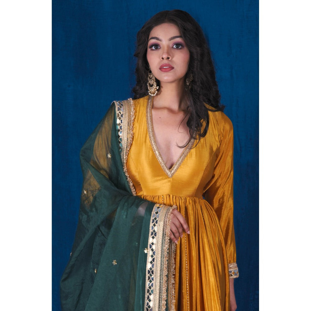 SAUBHAGYA Mustard Silk Gota Work Anarkali and Dupatta (Set of 2)