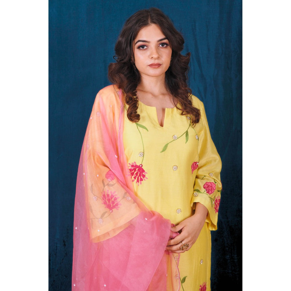 SAUBHAGYA Yellow Silk Chanderi Floral Embellished Kurta with Pant and Dupatta (Set of 3)