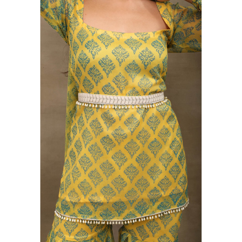 SAUBHAGYA Yellow Hand Block Print Chiffon Kurta with Sharara and Dupatta Belt (Set of 4)