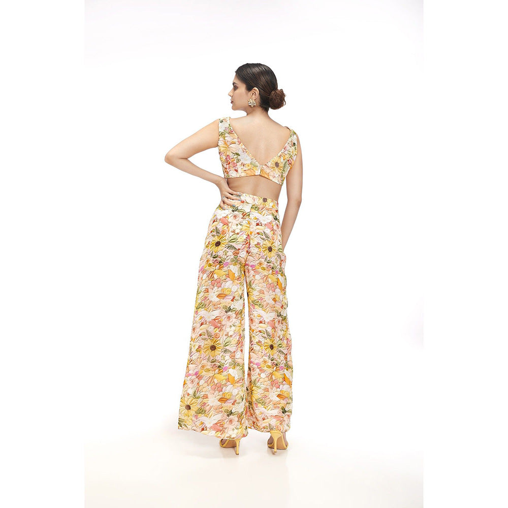SAYAANIKA Heather Yellow Floral Embellished Kurta with Bustier and Pant (Set of 3)