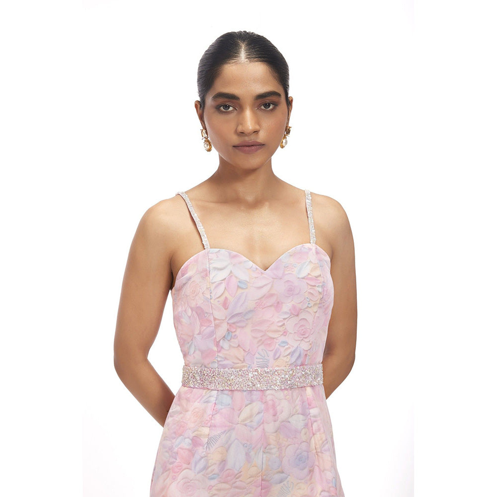 SAYAANIKA Pink Floral Embellished Jumpsuit and Belt (Set of 2)